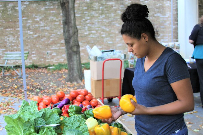 Imagen: Una mujer seleccionando vegetales en un mercado.