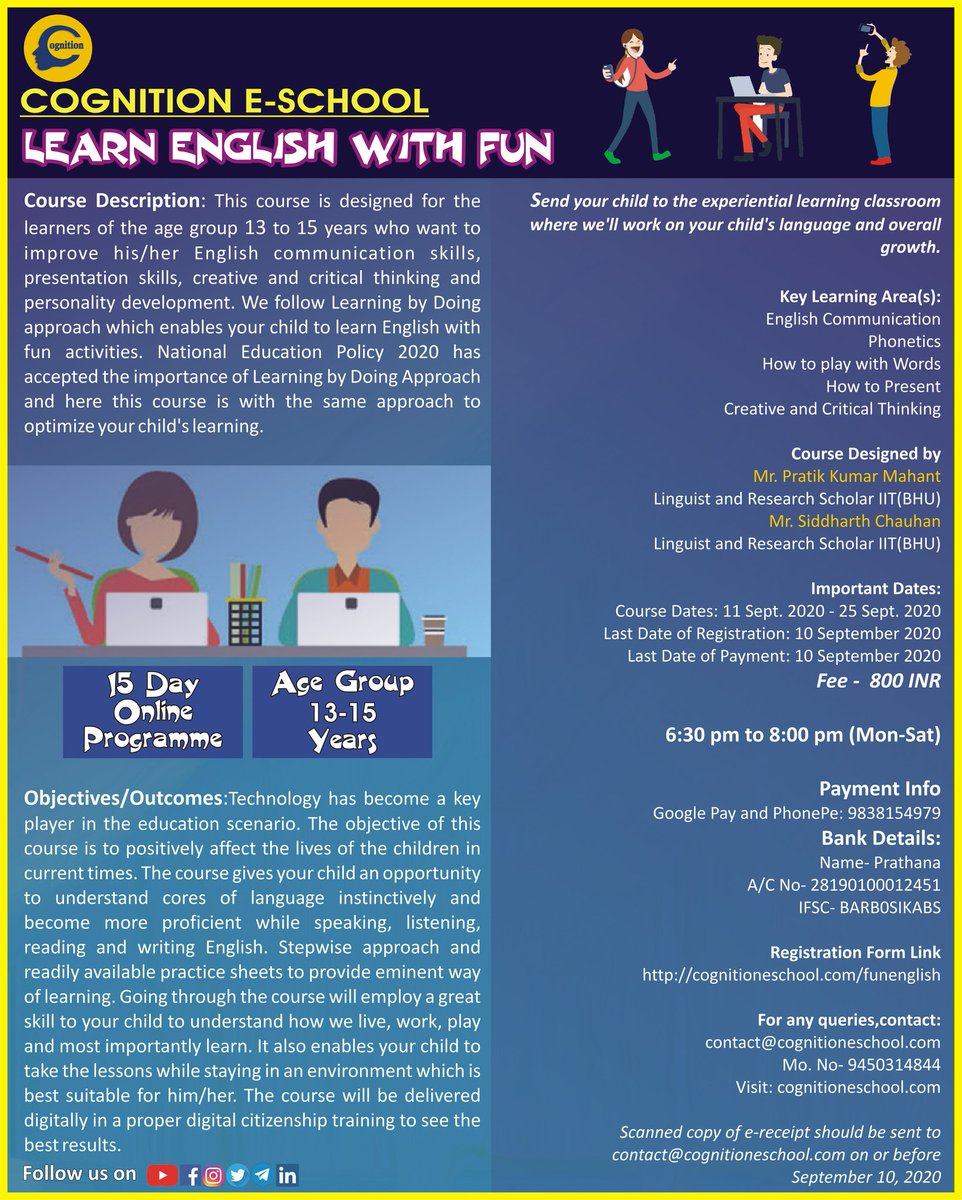 CognitionSchool's tweet photo. Does your child belong to the age group of 9-12Y or 13-15Y? These age groups are the time of Cognitive &amp; Physical Growth &amp; vivid experiences of new ideas, feelings &amp; ambitions. Our current Program 'Learn English with Fun' is in its countdown.

Learn More: https://t.co/KJAGaXttmB https://t.co/XxrwRcsEa5