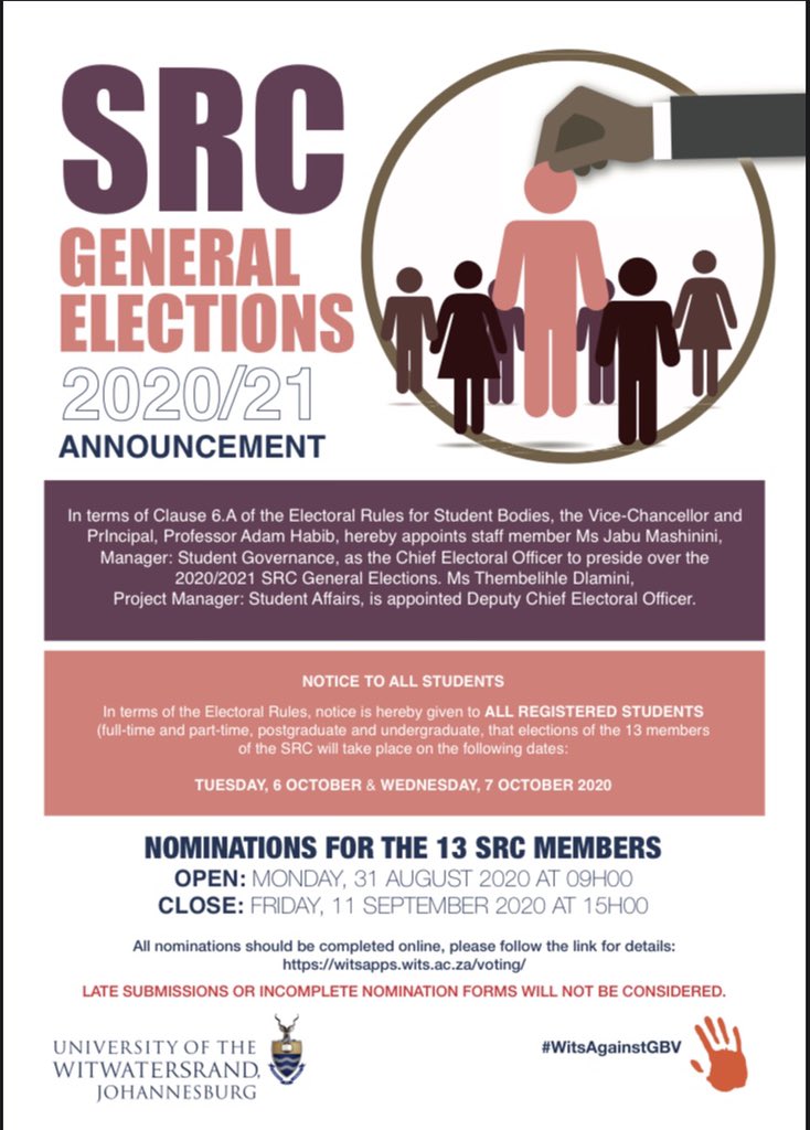 Wits_SRC's tweet photo. Nominations for the 2020/2021 SRC Elections are officially open ‼️ https://t.co/pkaawB47GT