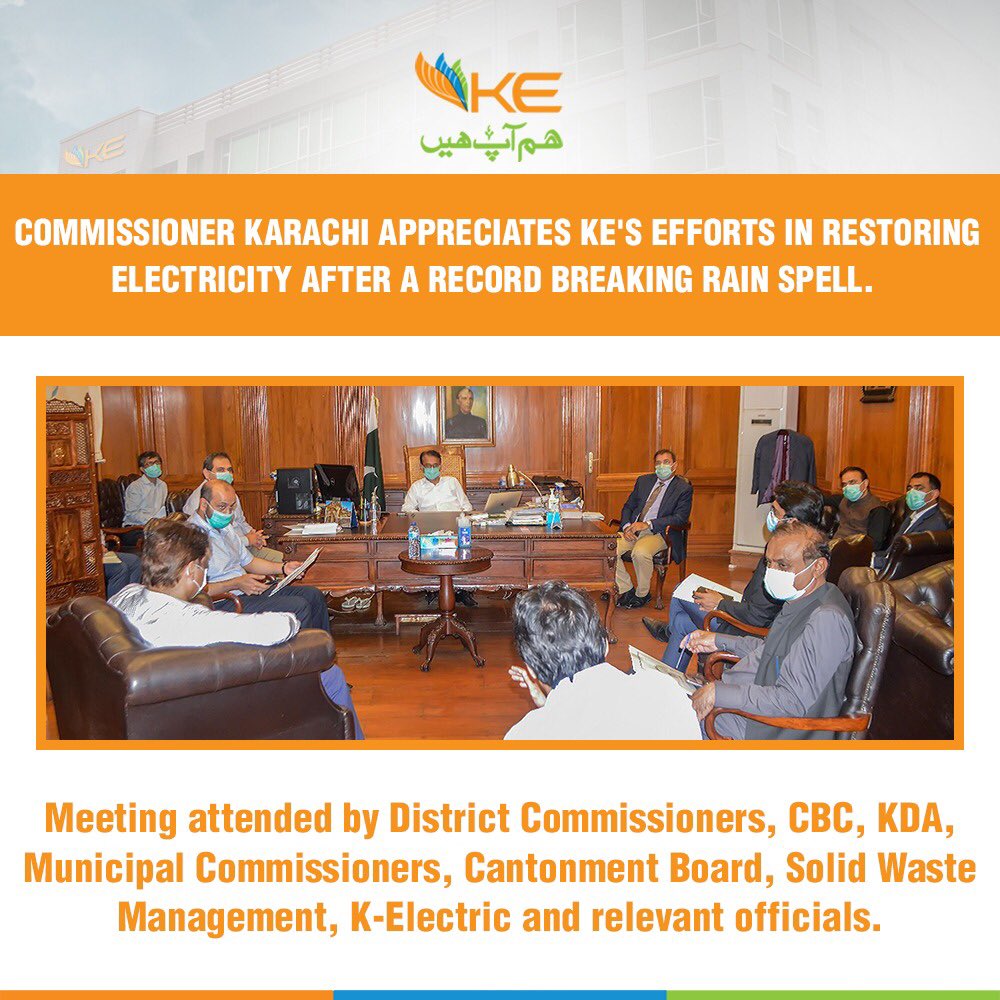 KElectricPk's tweet photo. K-Electric briefed commissioner Karachi regarding KE's efforts to restore power, along with the challenges faced and safety risks involved in restoring power in areas where water drainage is still awaited. 
#KarachiFlooded #SafetyShutdown https://t.co/RSwiI6aFp3