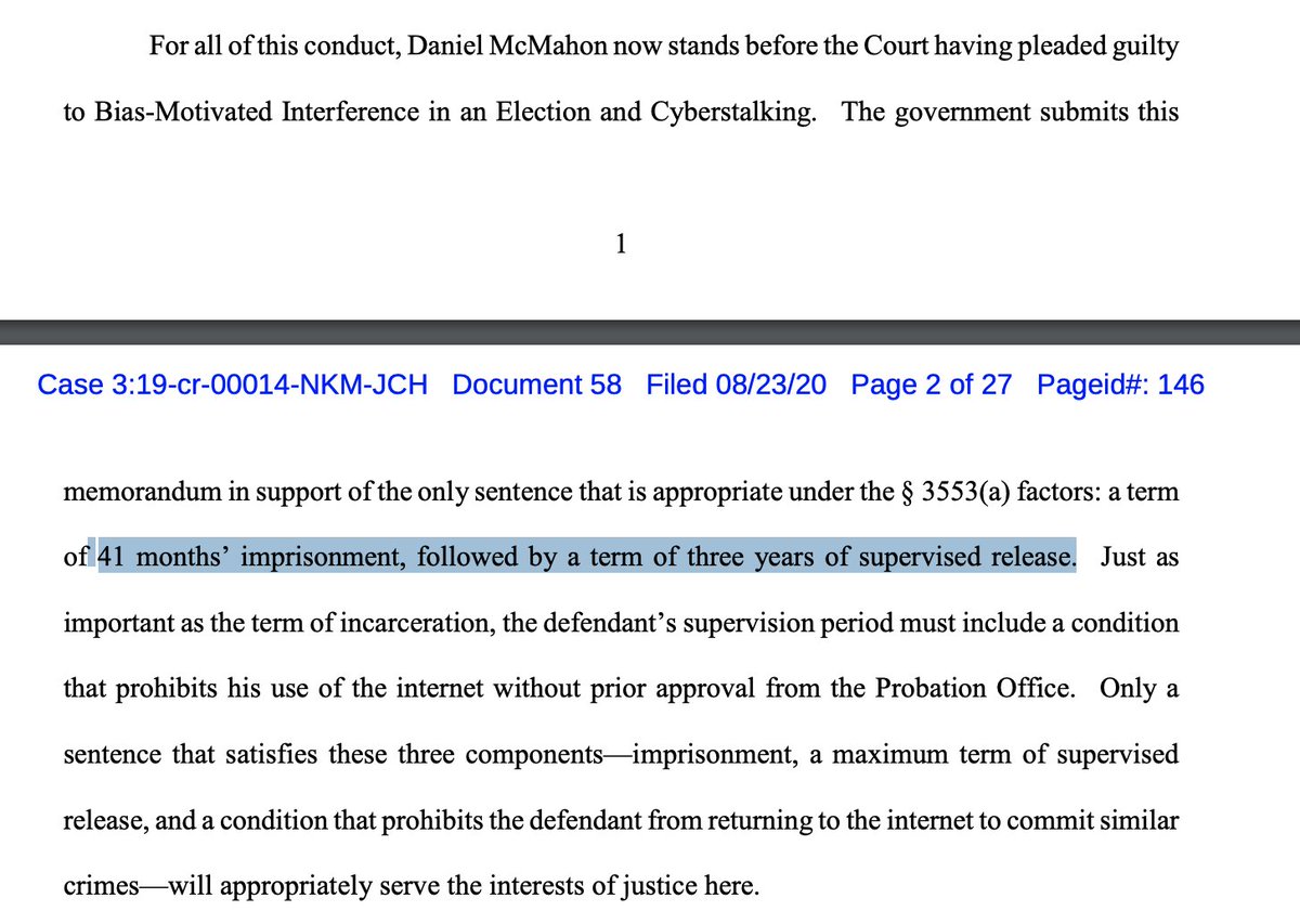 the government has filed a sentencing memorandum asking for the sentencing guideline max of 41 months + 3 years of supervised release (during which he would need his probation officer's permission to use the internet)