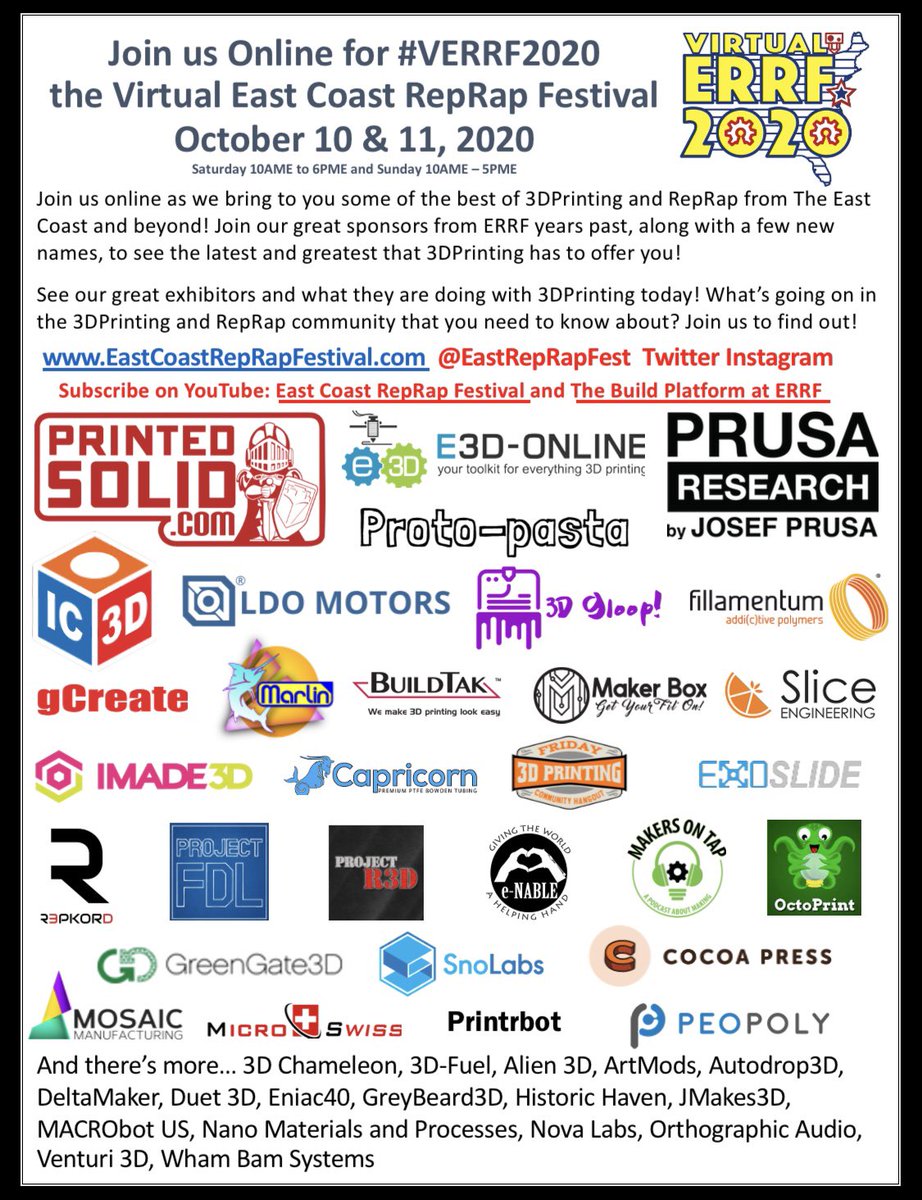And there’s more...<a href="/3D_Fuel/">3D-Fuel</a> <a href="/alienslacker/">AlieneilA - #BeABetterHuman - #ChooseDecency</a> <a href="/ArtMods_/">Seananigans</a> <a href="/autodrop3d/">Autodrop3d</a> <a href="/deltamaker/">DeltaMaker</a> <a href="/Duet3D/">Duet3D</a> <a href="/shaiss/">sh.ai 🇦🇷</a> <a href="/GreyBeard_3D/">GreyBeard3D</a> <a href="/jmakes3D/">JMakes3D</a> @NovaLabStudios <a href="/OrthographicAud/">Orthographic Audio</a> <a href="/Venturi3D/">Venturi 3D</a> <a href="/WhamBamSystems/">Wham Bam Systems</a> And there’s still more to come! Please #Retweet #3DPrinting #RepRap #VERRF2020