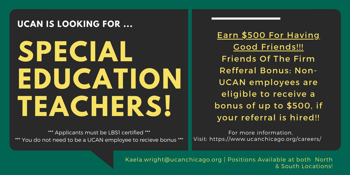 UCANchicago's tweet photo. Know someone looking for a rewarding career in Education? Well, we're hiring for Special Education Teachers! Get $500 for having good friends! #werehiring #newcareeropportunity

https://t.co/Z8g6VCndnR https://t.co/neiE1v8cf2