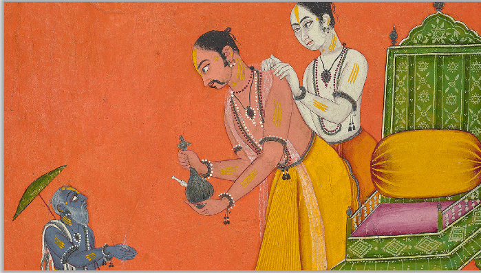 Here is COMMON SENSE 101.If you WANT to SEE Choti on Bali's head, you have to consider a painting that DOES NOT HIDE Bali's head with a crown.Here is a painting of Vamana and Bali without a crown from Bilaspur (c. 1700 CE). One can CLEARLY see Choti on Bali's head