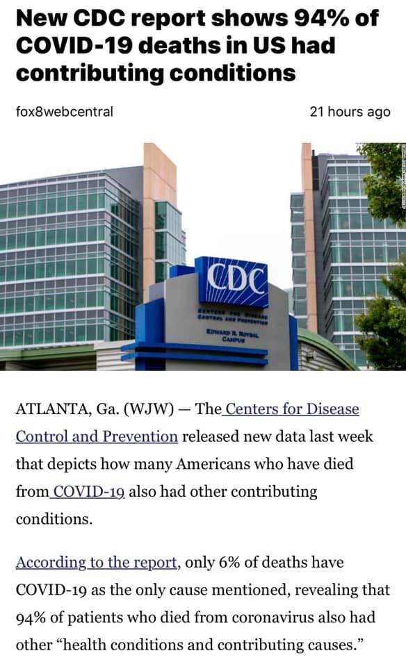 94% of COVID-19 deaths have underlying health conditions at the time of their death.This statement is not surprising for two reasons. **And this also does not mean that the 187,233 people who have died of COVID-19 in the US did not die of COVID-19.**/1