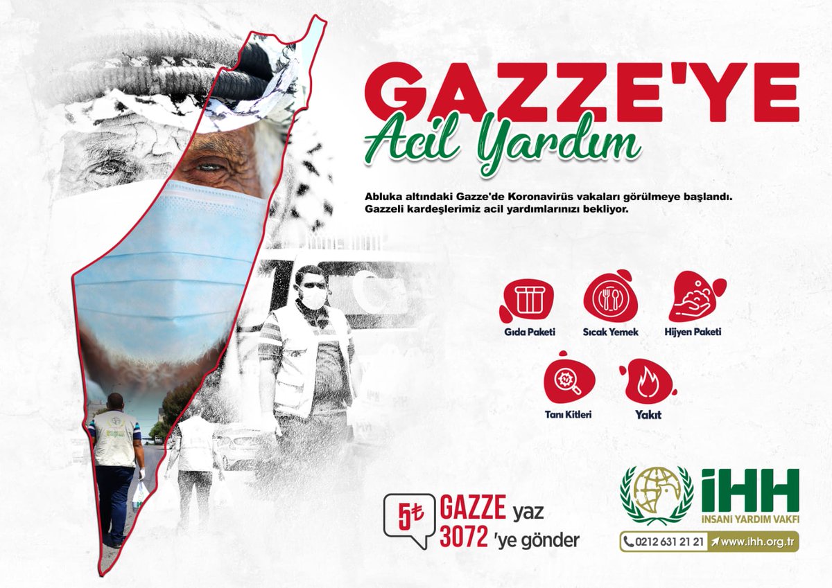 Abluka altındaki Gazze'de Koronavirüs vakaları görülmeye başlandı. Gazzeli kardeşlerimiz acil yardımlarınızı bekliyor.

GAZZE yazıp 3072'ye SMS göndererek 5 TL bağışta bulunabilirsiniz..