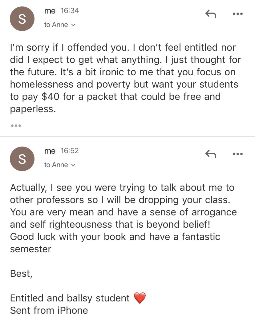 At first I was terrified. I thought the email was just to me And then I realized she sent it to a whole slew of people, including people not even teaching at the school AND the chair of my major’s department and I lost it