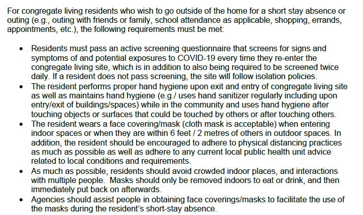 The other issue is the actual guidelines. This section is shockingly devoid of any awareness of accessibly needs (re: mask use, understanding a screening questionnaire). Will homes be able to deny outings because folks w intellectual/developmental disabilities can't comply? 3/5