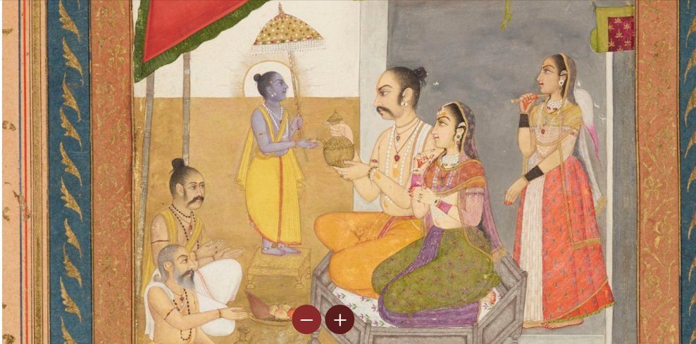 Here is another painting of Vamana & crown-less Bali presented to King Edward VII by Munguldass Nathoobhoy in 1875.Bali is shown as Yajamana seated with wife Vindhyavali. He pours water in Vamana's hand confirming the gift. Bali is CLEARLY shown with a Choti, Tilak and Janeu