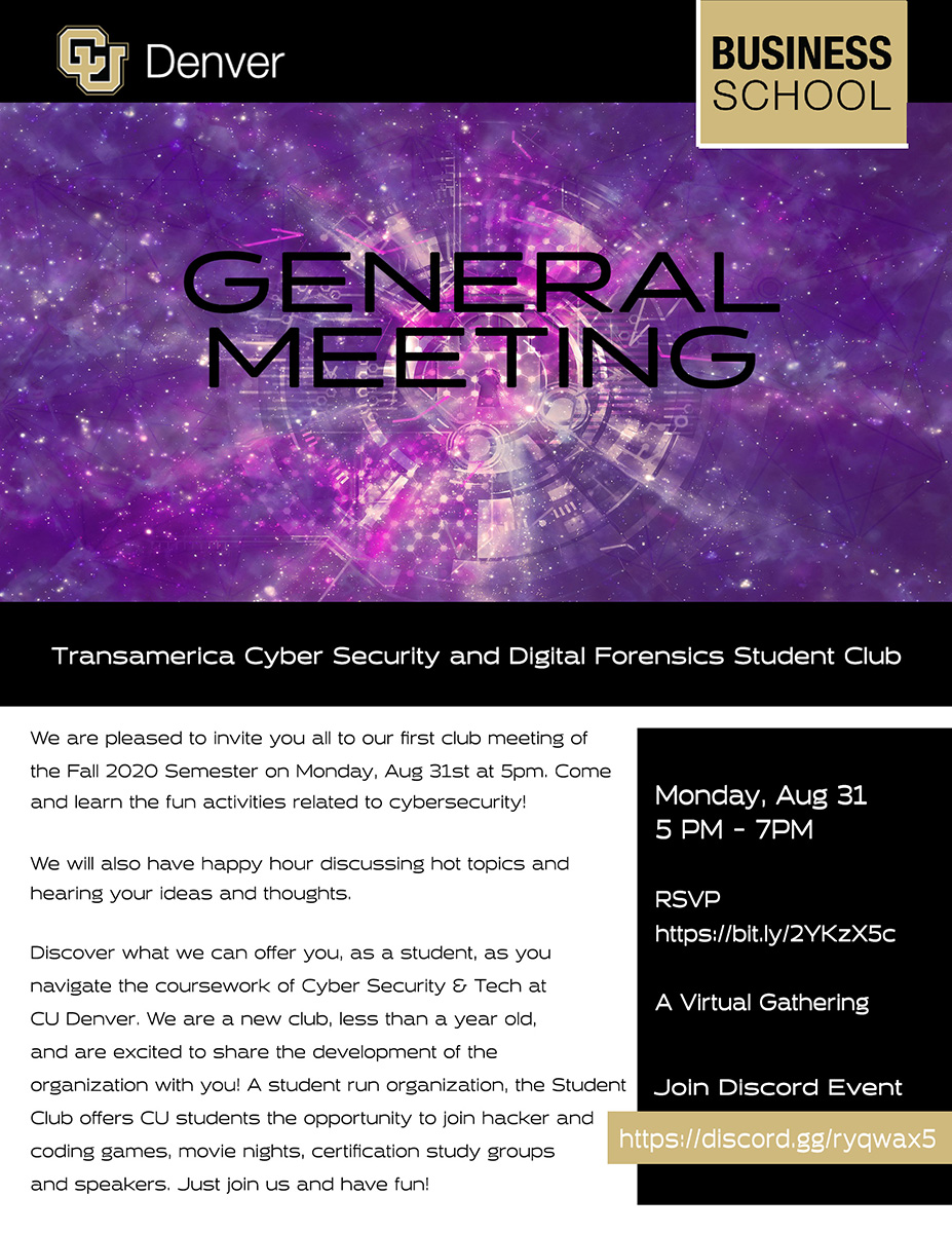 TCSC_Denver's tweet image. 1st General Meeting • Fall 2020 TONIGHT! 5PM- 7PM. HH current tech topic discussion before the mtg. Join in virtually following these links: Online event link: discord.gg/ryqwax5 RSVP link: bit.ly/2YKzX5c