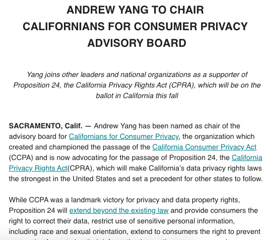 JohnHendel's tweet photo. .@AndrewYang stepping up his role in California's data privacy debates https://t.co/muXvW57Jza