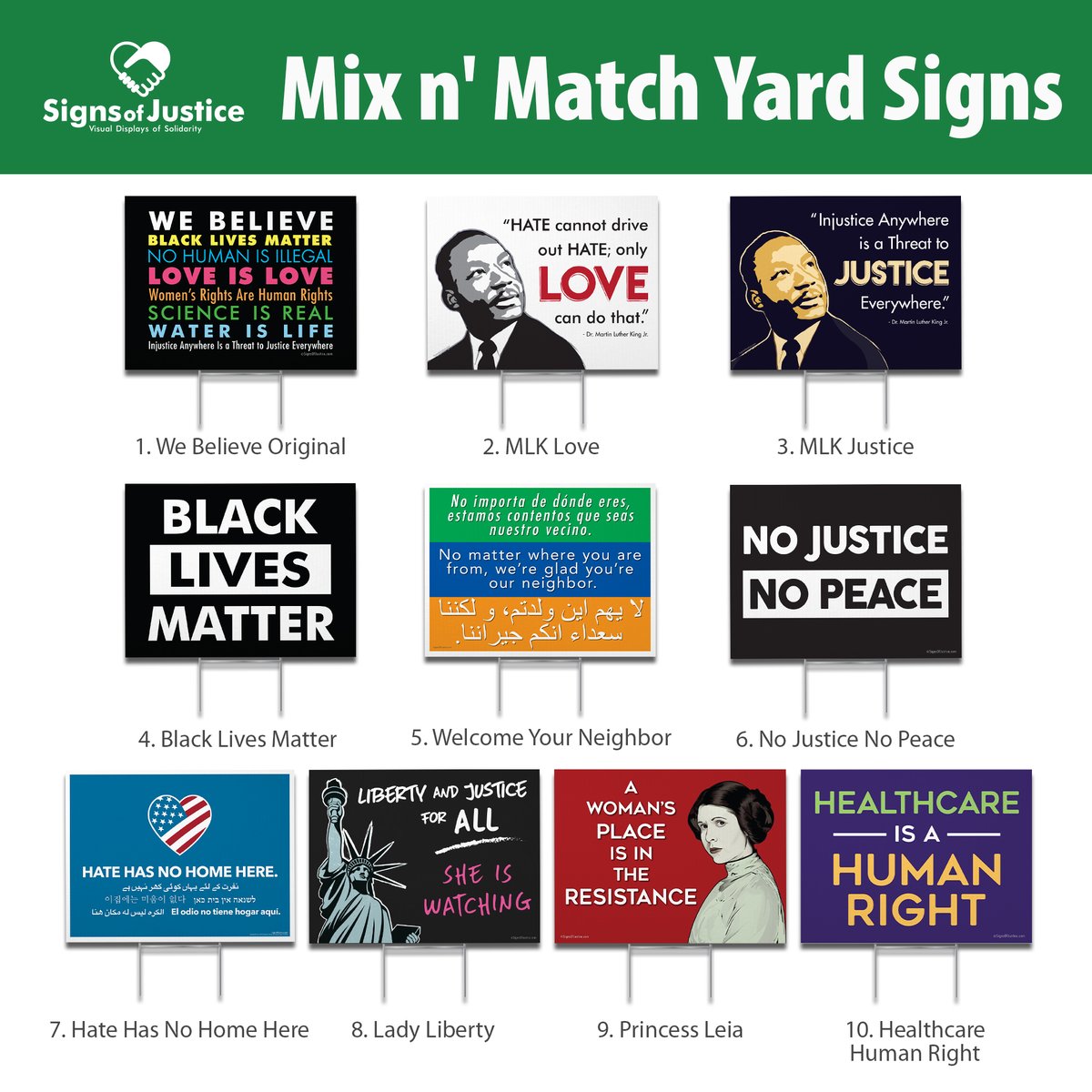 signsofjustice's tweet photo. You don't have to order ten of the same designs.  You can Mix n' Match!  It makes it easy to get a group order together with friends &amp; neighbors #SignsOfJustice #MixnMatch #YardSigns https://t.co/3HCuuvoNZx
