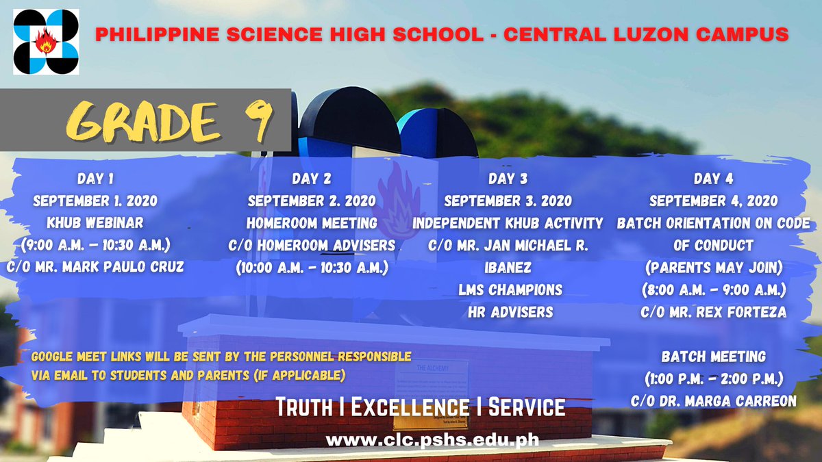 PSHS_CLC's tweet photo. As we embark on a new mode of education system, join us for another virtual activities this week. Please be guided accordingly.
Grades 7-9 Schedule
#WeExcelAsOne #PSHSCLC #TheHeartofExcelllence #Jumpstart #NewNormal #PisayScholars https://t.co/cNsTkHjjOx