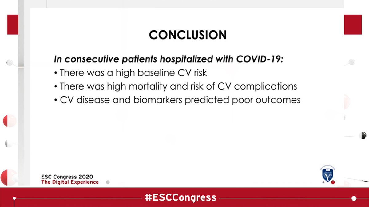  #ESCCongress Covid & Heart Thread /8And the conclusions from the Yale Cohort? Women had better outcomesAtrial arrhytmias, diuretic, O2 therapy, high trop, low albumin all associated with worse outcomes @EilidhPinkChic  @KTamirisaMD  @dr_manisty  @arjunkg  @Dr_Stig  #cardioed