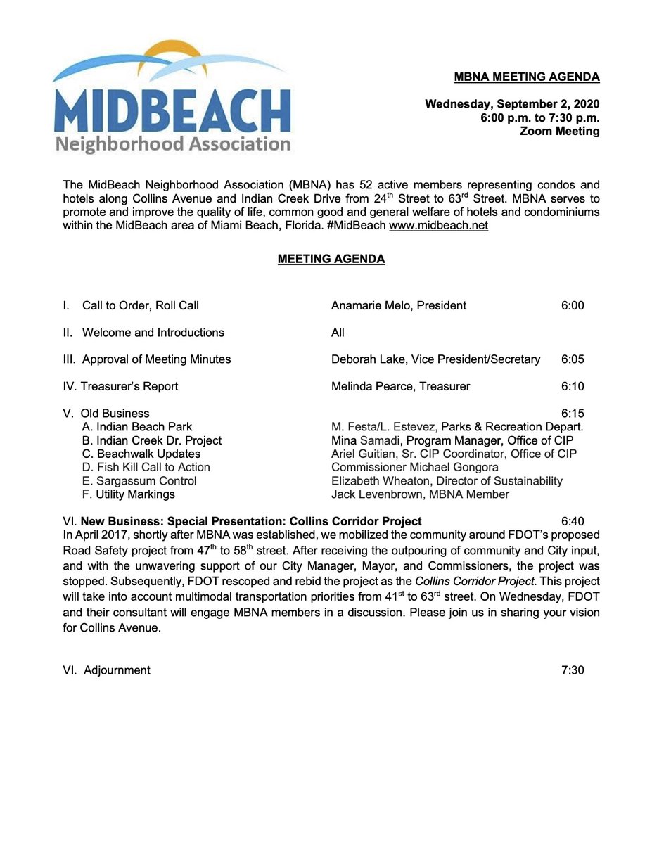 MidBeachNA's tweet photo. Next membership meeting will be held Wednesday, September 2nd at 6:00pm via Zoom.#MidBeach #CollinsCorridorProject #IndianCreekDrive #IndianBeachPark #Census #Elections #Sargassum #FishKill #4000Alton #MiamiBeachAman #UtilityMarkings #Beachwalk and more https://t.co/kjfWsYCGkd