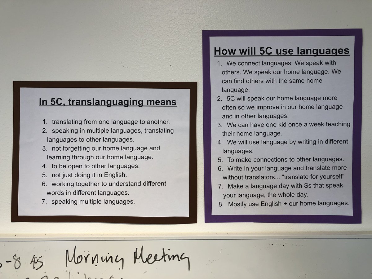 After presenting my S-friendly translanguaging presentation, I had this fifth grade class brainstorm some agreements for what translanguaging means to them and how their class will use languages. I wrote their ideas onto a poster and put them on the wall. #multilingualclassroom