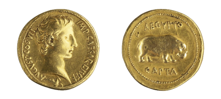 MANArqueologico's tweet photo. Despedimos #agosto con unas piezas muy raras: los múltiplos del áureo 😲. Únicamente se conocen tres ejemplares del reinado de #Augusto y presentan tipologías distintas, por lo que este #cuaternión, o moneda de cuatro áureos, es realmente excepcional. 👉 https://t.co/q26zj1Yjym https://t.co/NTOHSAA3PD