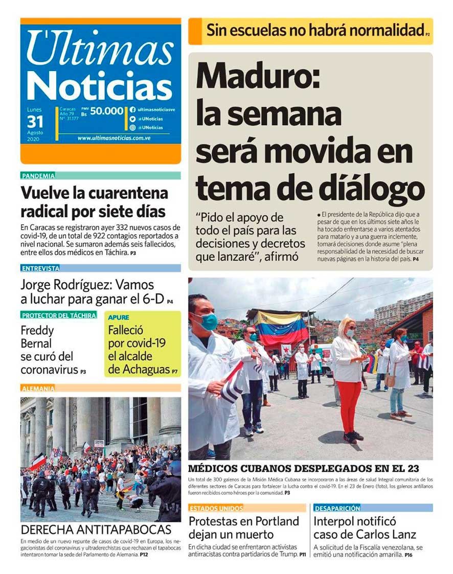 UNoticias's tweet photo. Buenos días presentamos nuestra portada del día #31agosto de #ÚltimasNoticias #ÚN https://t.co/uAhe2uWUgJ