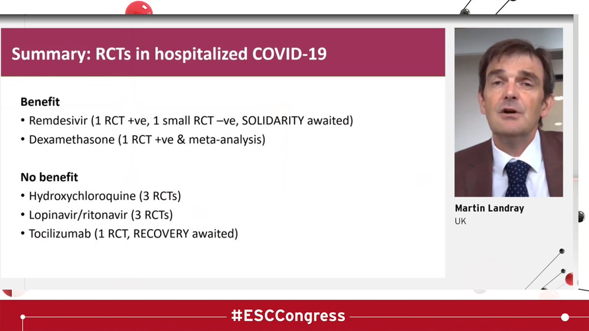  #ESCCongress Covid & Heart Thread /10Hydroxychloroquine and Loinavir-ritonavir- not much helpDexamethasone- YES = we hit "Bulls eye" 25% reduction in mortality in ventilated patients and 20% in those needing oxygen. A simple and cheap drug reducing mortality!  @duanepinto