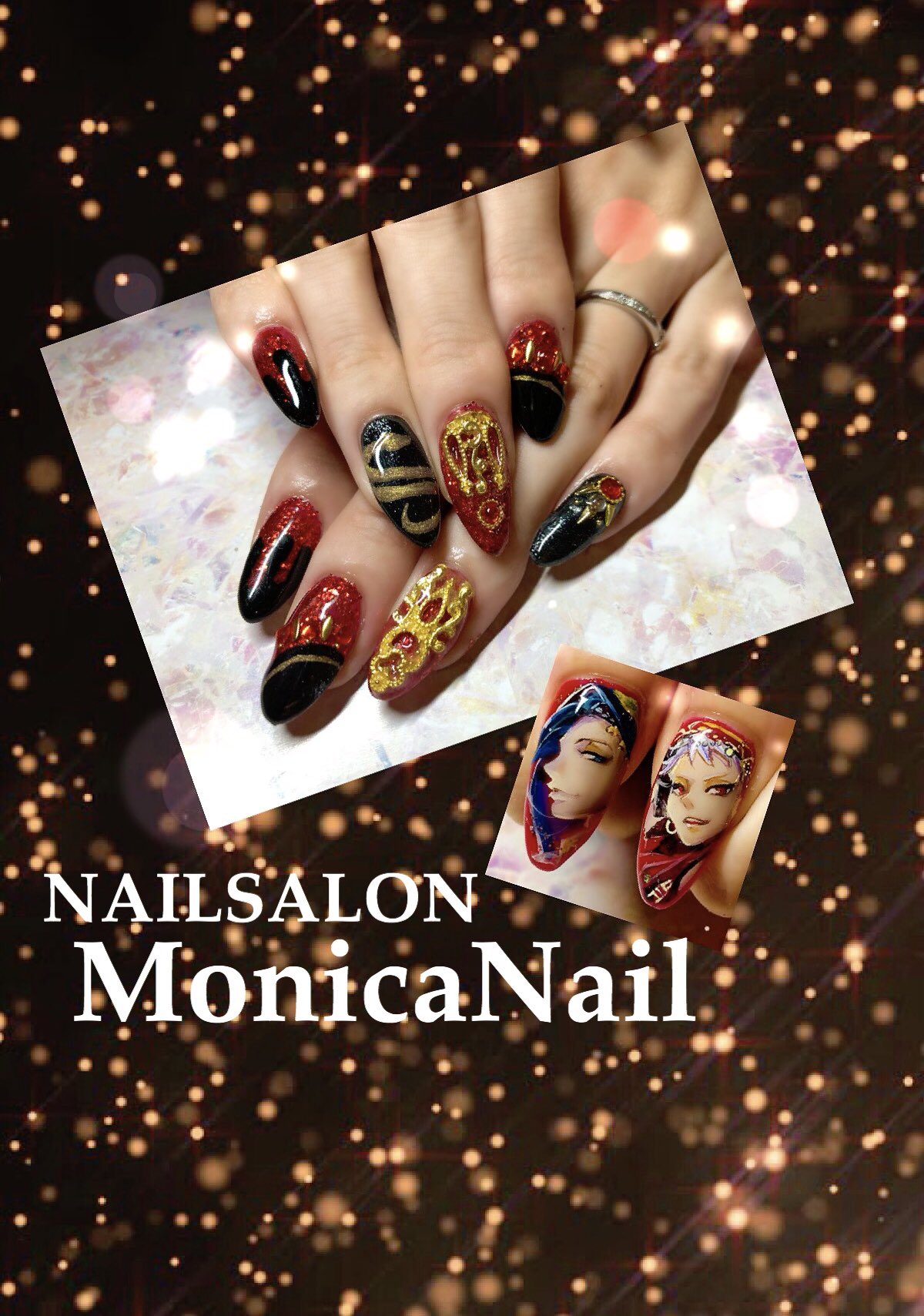 ネイルサロン Monica Nail お客様オーダーネイルご紹介 ツイステネイル 参考画像を基に赤グリッター ブラックの アラビアンテイストなネイルに ネイルサロン Monica Nail お客様オーダーネイルご紹介 ツイステネイル 参考画像を基に赤グリッター ブラックの アラビアンテイストなネイルに