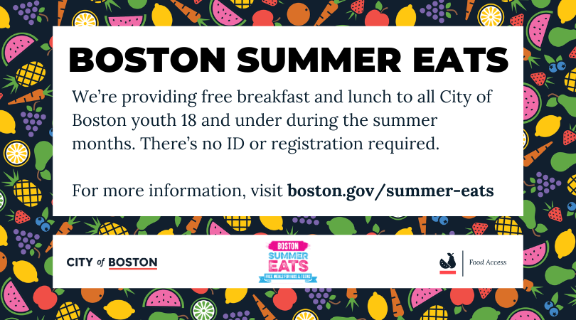 CityOfBoston's tweet photo. The @BOSfoodaccess Summer Eats program is still providing breakfast and lunch at no cost to youth 18 and under. Some sites will no longer be open starting today, and others will change times: https://t.co/U3p1AsD8Zb

Thank you to @YMCA_Boston, @projectbread, and all our partners! https://t.co/QSqdW5DDeT
