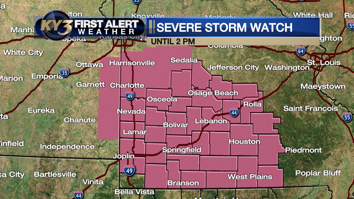 brandonbeckky3's tweet image. FIRST ALERT WEATHER: JUST ISSUED...A #SEVERE THUNDERSTORM WATCH is up for all of southern and central Missouri until 2 pm.  Storms coming at us from the Kansas City area will pack high winds from mid-morning in central Missouri into the early afternoon over southern #Missouri.
