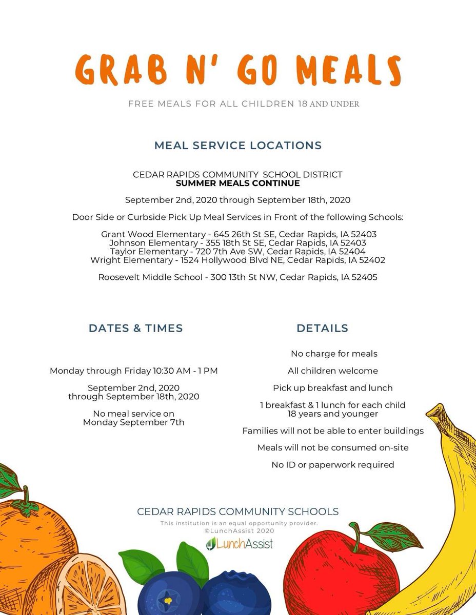 The Grab N' Go summer meals program continues from Sept. 2 - 18. 

Some schools have been removed as distribution sites due to damage from the August 10 storm.

Please see the attached flyer for more information.

#WeAreCRCSD