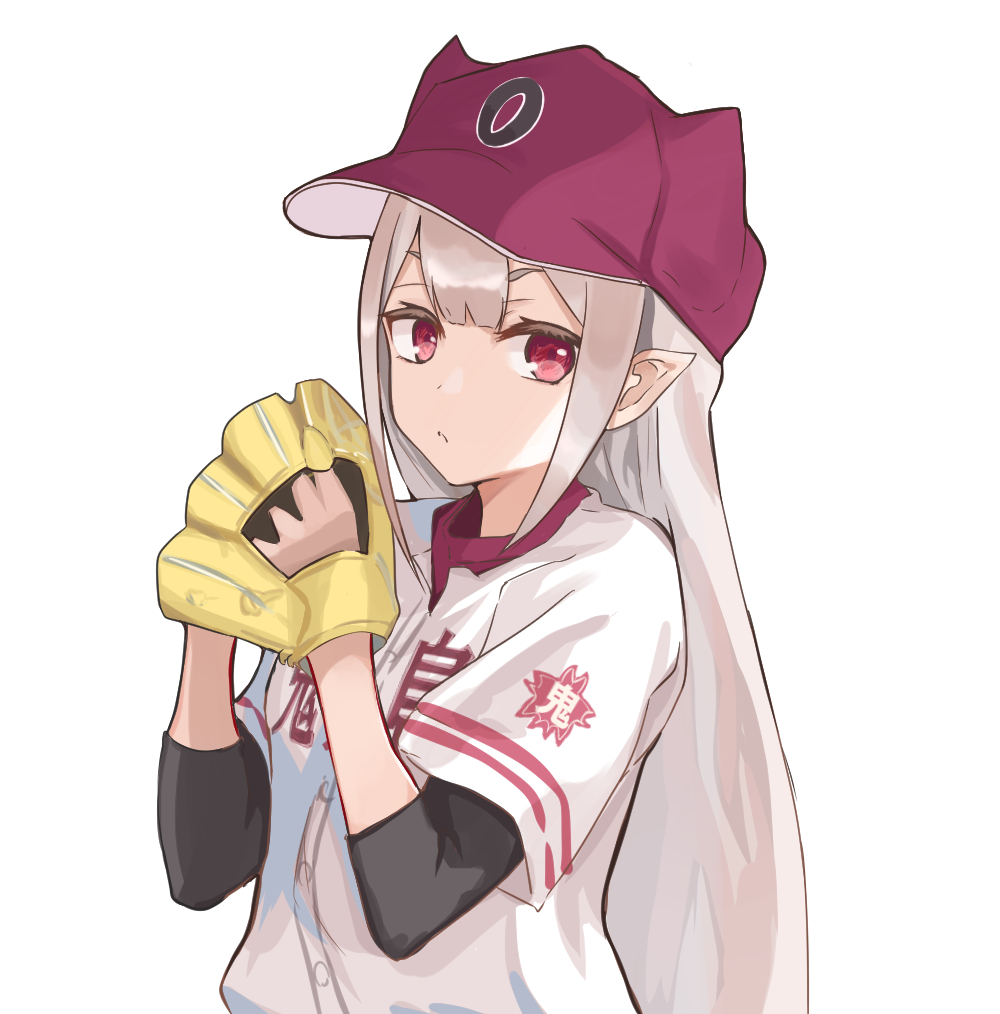 1girl solo hat pointy ears long hair red eyes baseball uniform  illustration images