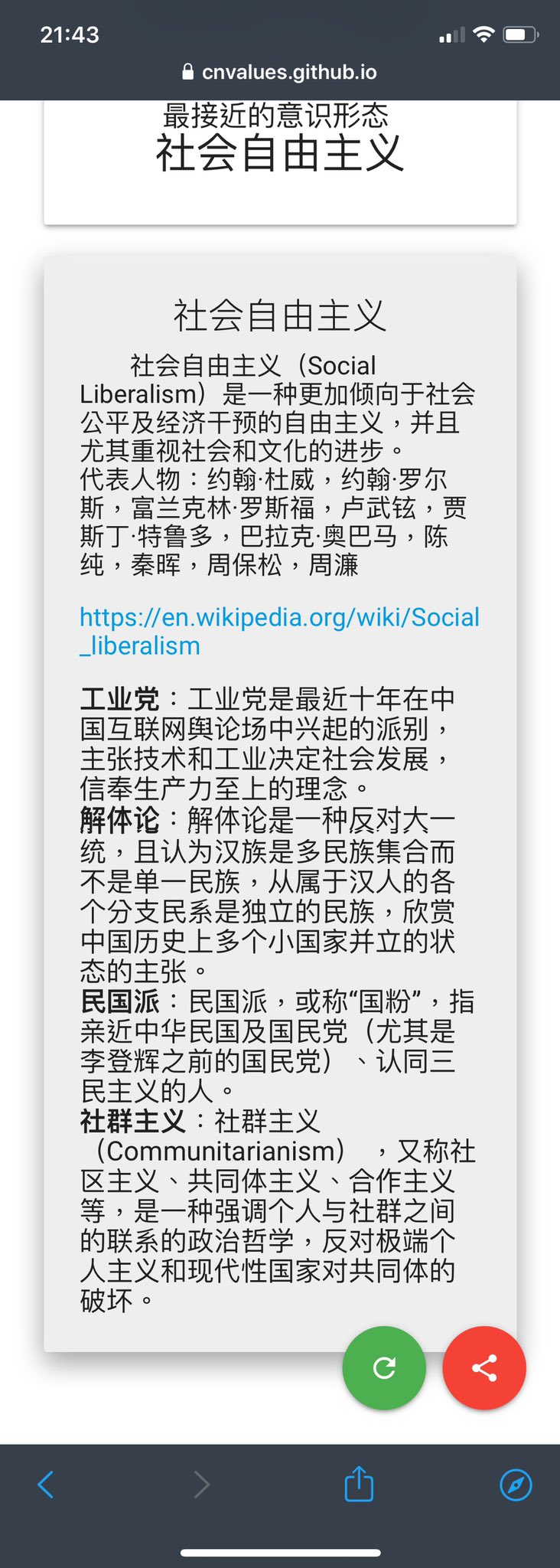 تويتر 佐拉على تويتر 这个用100道题目测试意识形态的网站说我 最接近的意识形态 社会自由主义 说我是工业党 解体论 民国派 社群主义 好像我真的是这样的看法 科技可以提高生产力 中华民族是一个伪概念 台湾是个事实上独立的国家 能和政党对抗的只能是