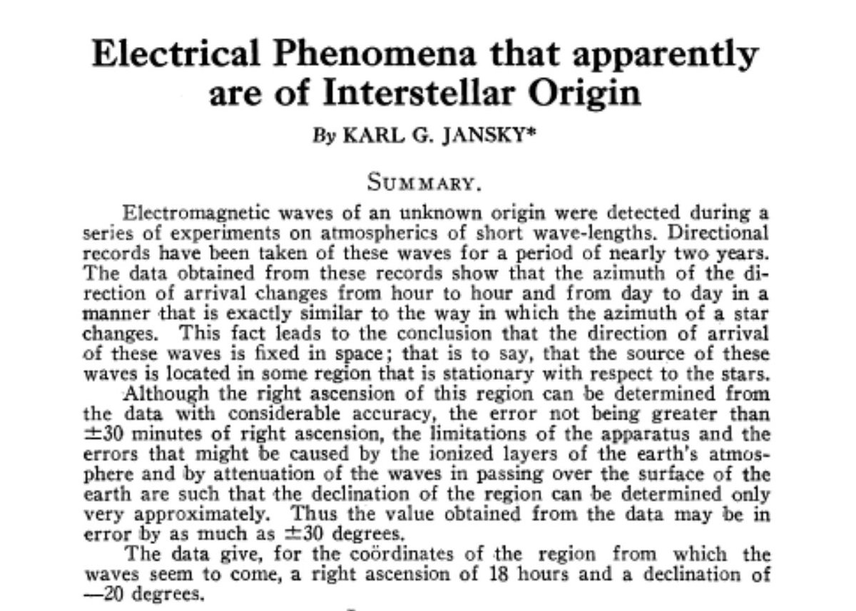 This led Jansky to conclude that the source must be near the center of the Milky Way, which Jan Oort had pinpointed just 5 years earlier. He published “Electrical disturbances apparently of extraterrestrial origin” the following year. https://ui.adsabs.harvard.edu/abs/1933PA.....41..548J/abstract