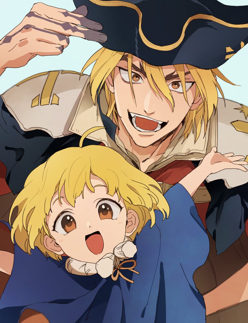 blonde hair hat 1boy smile brown eyes open mouth 1girl  illustration images