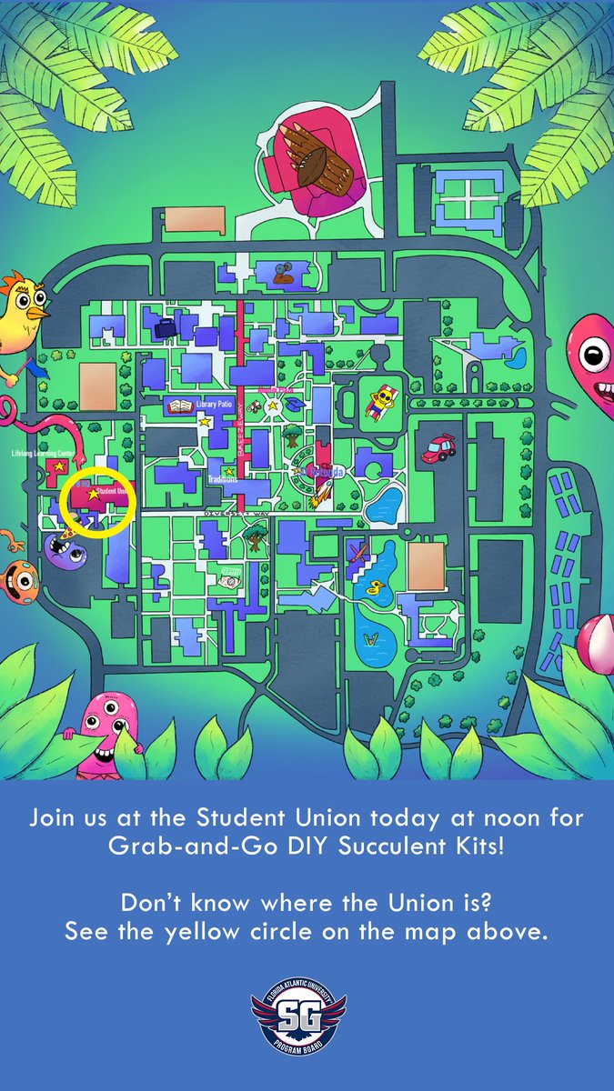 Excited to see you all today for Grab-and-Go DIY Succulent kits! Visit the Student Union at noon to grab yours. Remember your Owl Card and wear your mask. Don't know where the Union is? See the yellow circle on our campus map. #PBonline #FAU
