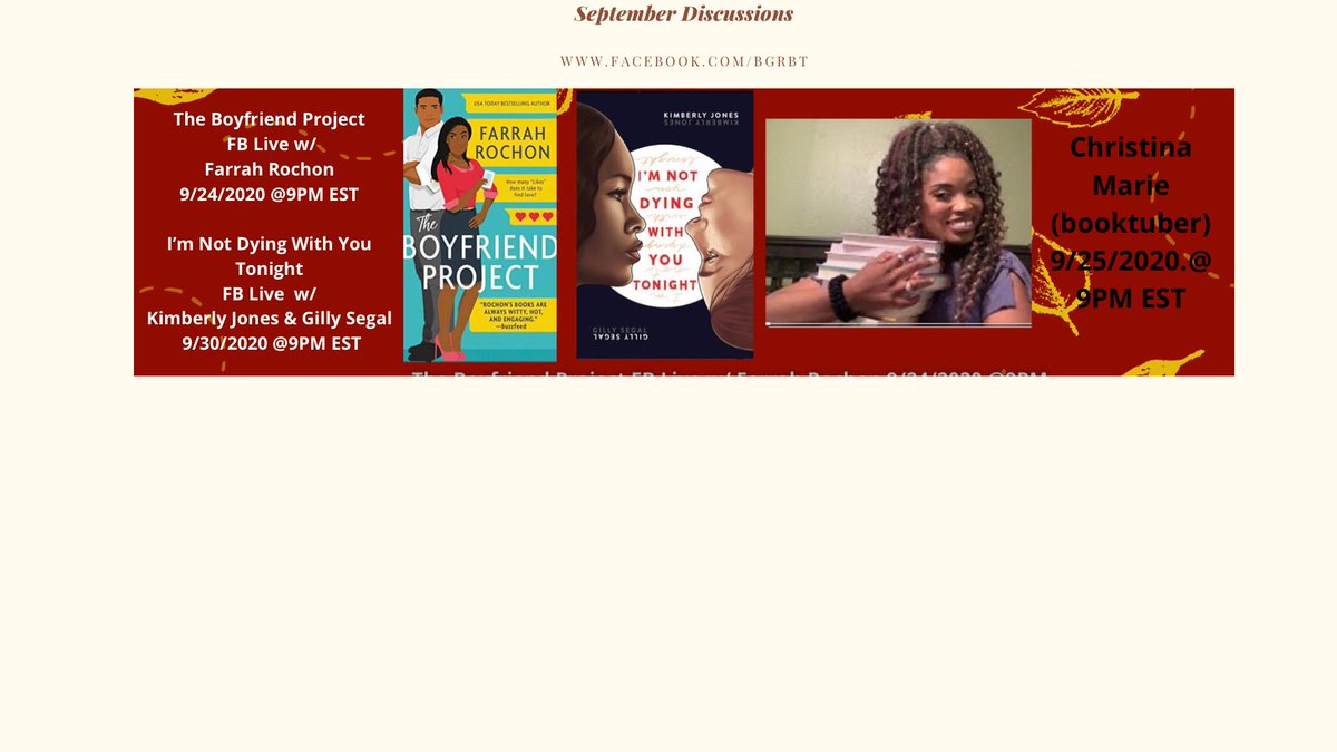 September FB Live Discussions <a href="/FarrahRochon/">Farrah Rochon</a> @KimberlyLatriceJones @GillySegal <a href="/LCMarie19/">Christina Marie, M.Ed.</a> @KeLlynycbx