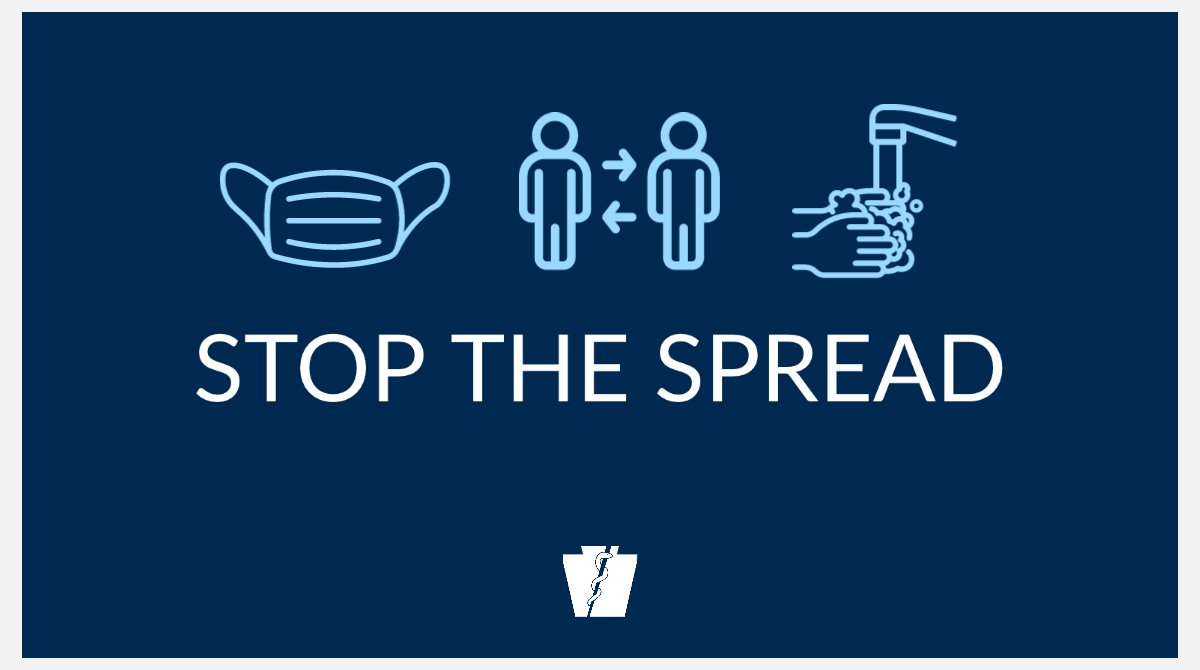 Hey PA — #COVID19 is still spreading and we need everyone to join the fight to stop the spread: 😷 wear a cloth mask when leaving home ↔️ stay at least 6 feet from others not in your household 👋 wash your hands often or use hand sanitizer #MaskUpPA