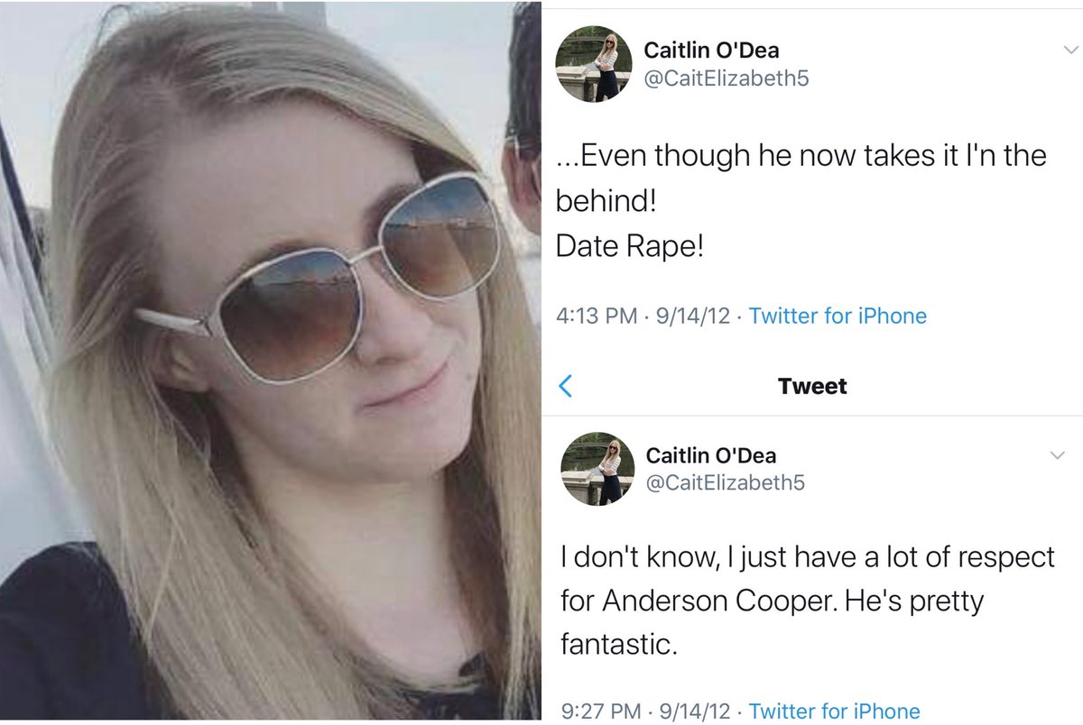 In same day tweets (pre Twitter’s thread feature) Kelly Loeffler’s press secretary, Caitlin O’Dea, said she “had a lot of respect” for Anderson Cooper after having tweeted, “even though he now takes it in the behind! Date Rape!”