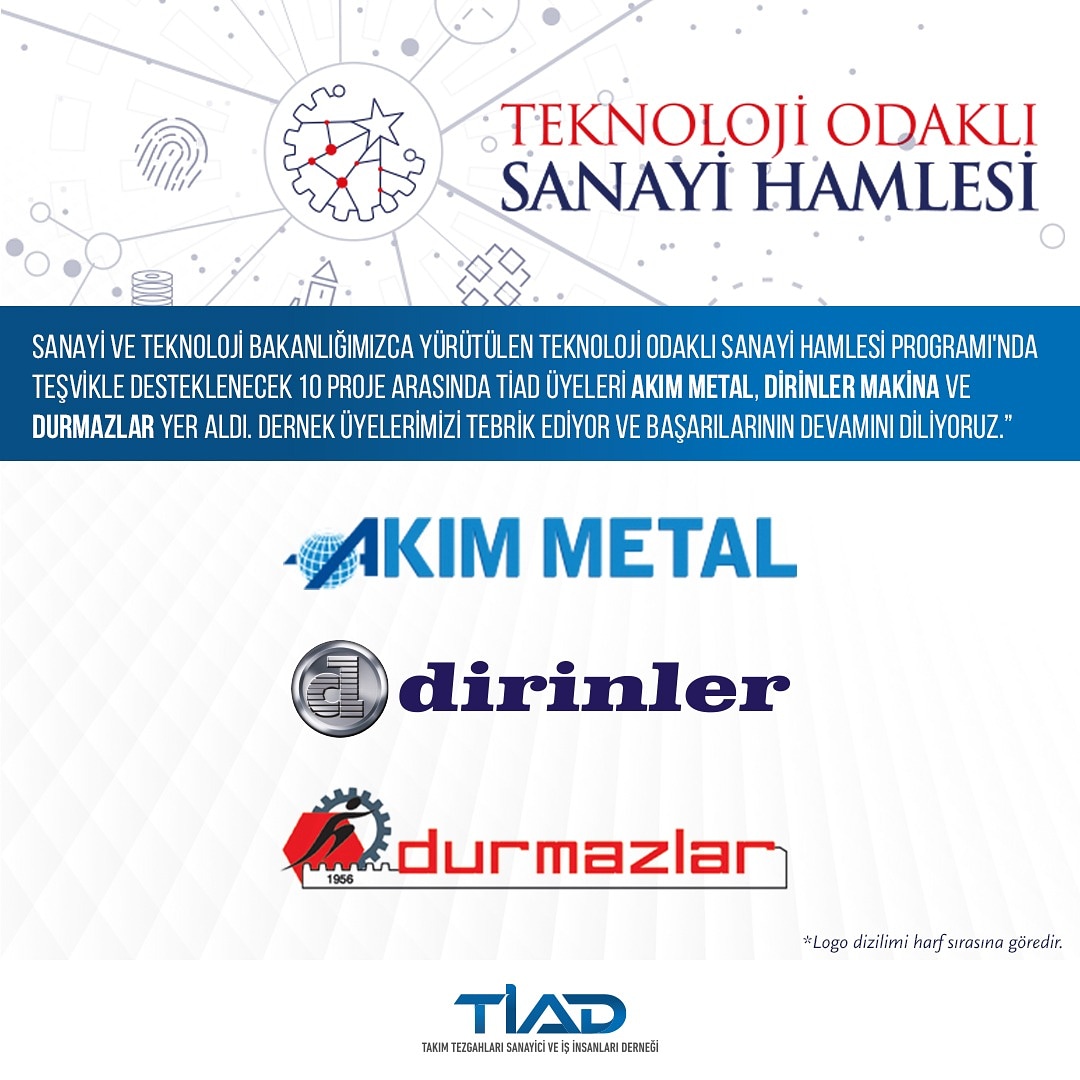 Teknoloji Odaklı Sanayi Hamlesi Programı'nda teşvikle desteklenecek 10 proje arasında TİAD üyeleri Akım Metal, Dirinler Makina ve Durmazlar yer aldı. Dernek üyelerimizi  tebrik ediyor ve başarılarının devamını diliyoruz.
<a href="/AkimMetal/">AKIM METAL A.Ş.</a>
<a href="/DirinlerMakina/">Dirinler Makina</a>
<a href="/durmaint/">Durmazlar Makina</a>
<a href="/TCSanayi/">Sanayi ve Teknoloji Bakanlığı</a>
#tiad