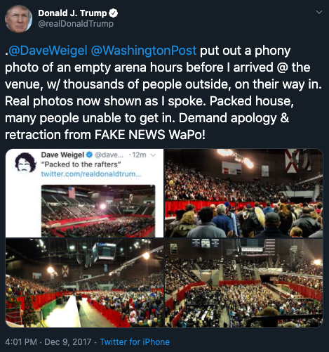 There's one event that explains the GOP philosophy so perfectly that I can't stop thinking about:In 2017,  @daveweigel tweeted a photo of one of Trump's rallies, not realizing it'd been taken before T arrived. He was told as much and deleted it.Trump demanded an apology. 1/3