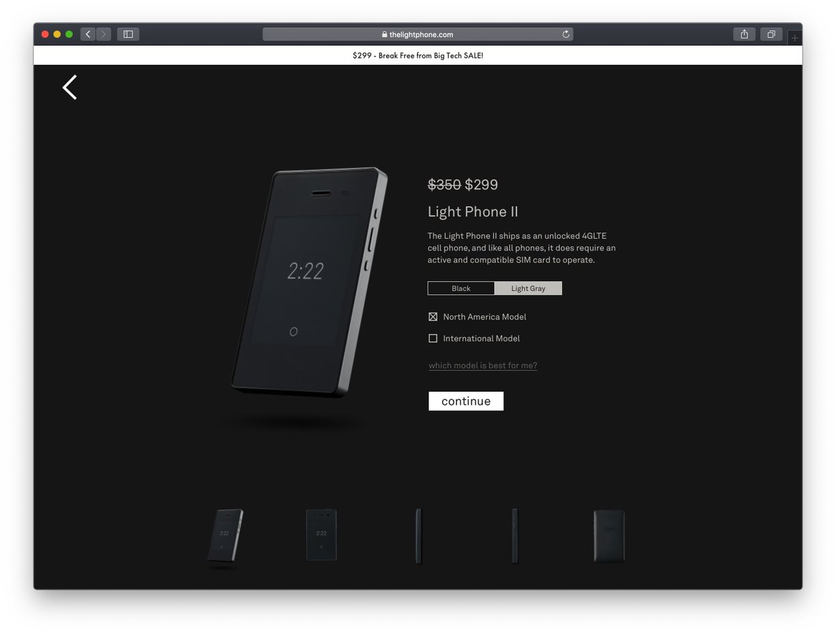 Finally, we added a step in the checkout flow that treats carbon offsets with the same visual language as an accessory, as if to say: "if you're buying a phone, you probably want one of these, too!"(existing Light users can post-purchase at offset here:  https://www.thelightphone.com/products/offsets/?variant=night)