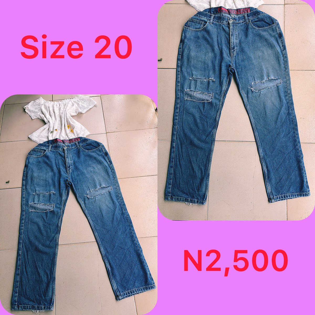 Slide 1: ripped skinny jeans      Size 10/12, N2,500Slide 2: Dungerees        Size 10, Price: N3,000Slide 3: bf jeans       Size 10/12, Price: N2,000Slide 4: bf jeans       Size 20, Price N2,500