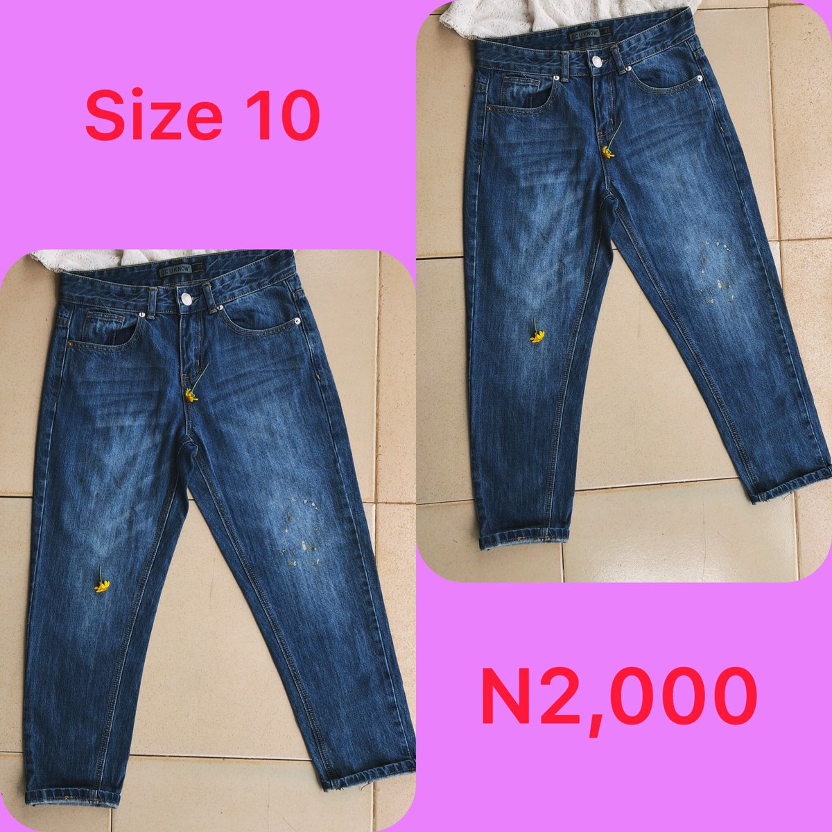 Slide 1: bf jeans      Size 10, N2,000Slide 2: black skinny jeans       Size 18/20, Price: N2,000Slide 3: bf jeans       Size 12, Price: N2,000Slide 4: bf jeans       Size 12, Price N2,500