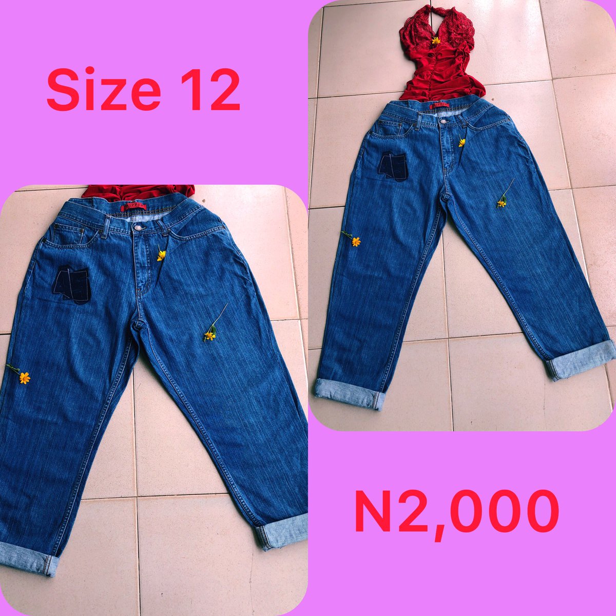 Slide 1: bf jeans      Size 10, N2,000Slide 2: black skinny jeans       Size 18/20, Price: N2,000Slide 3: bf jeans       Size 12, Price: N2,000Slide 4: bf jeans       Size 12, Price N2,500