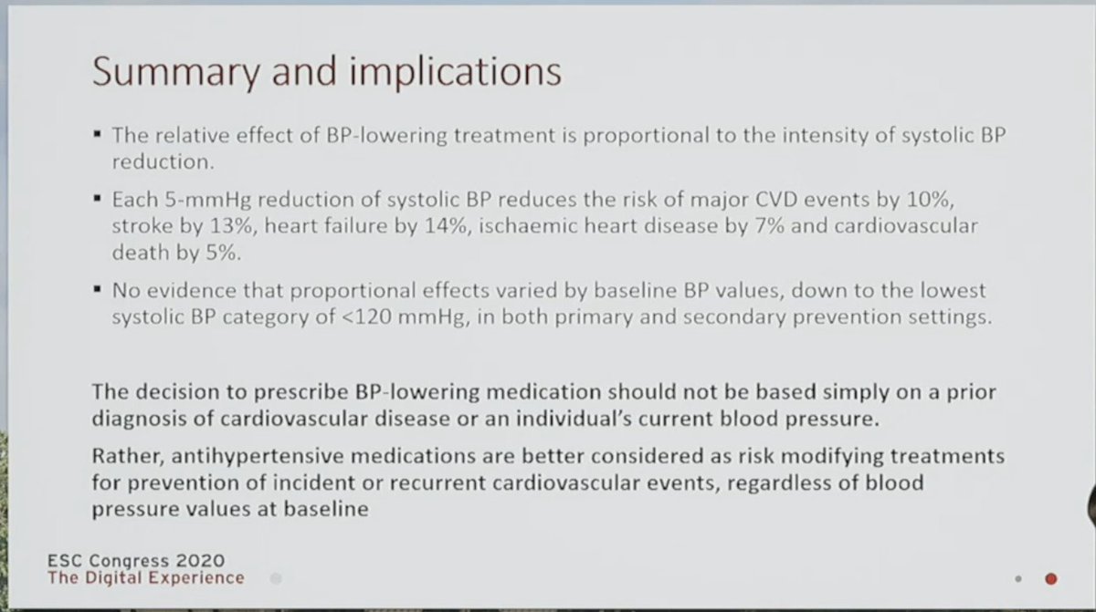 #ESCCongress #BPLTTC #CVprevention 
♥️No evidence that the effect differed by level of SBP interestingly, even if SBP <120 and this was true for primary & secondary prevention
♥️Ultimately control of BP is just as important in those without CVD 🆚 those with CVD
👏Amazing Study
