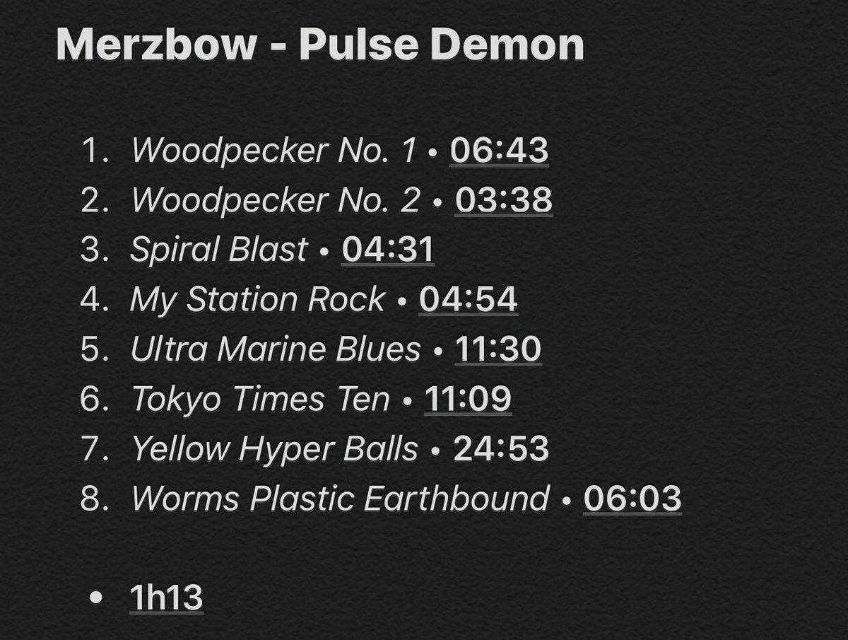 8/107: Pulse DemonUndoubtedly the most famous Merzbow record and one of the most chaotic. It’s interesting because I think I like this album more than the previous two (Venereology and Noisembryo), it’s way more energetic and sometimes it kinda slaps. Still hard to listen tho.