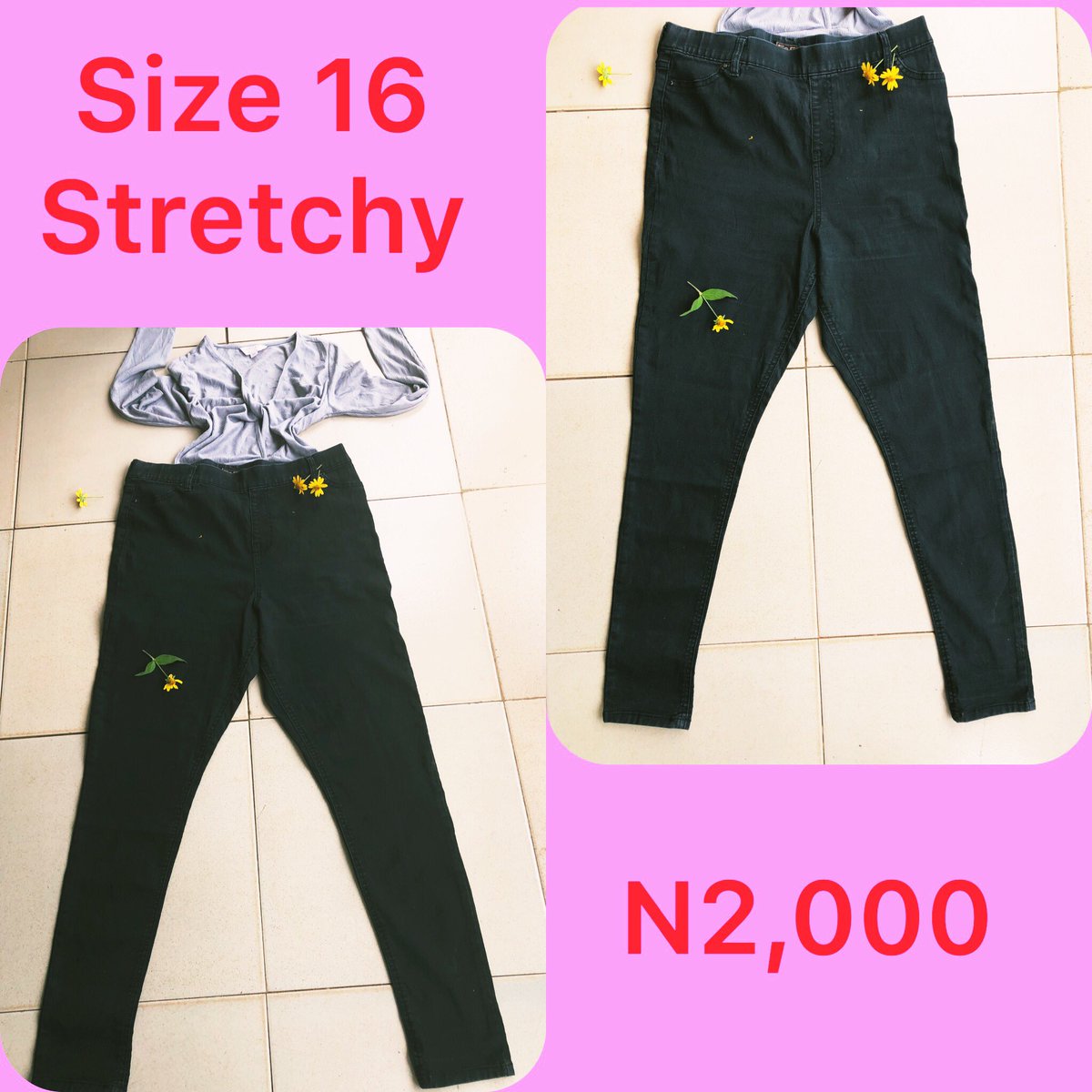 Slide 1: palazzo jeans      Size 16, N2,500Slide 2: bf jeans       Size 14/16, Price: N2,500Slide 3: black skinny jeans       Size 16, Price: N2,000Slide 4: black bf jeans       Size 10, Price N2,000