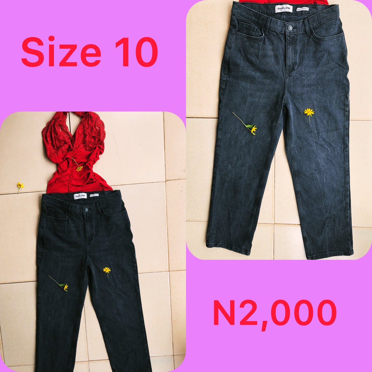 Slide 1: palazzo jeans      Size 16, N2,500Slide 2: bf jeans       Size 14/16, Price: N2,500Slide 3: black skinny jeans       Size 16, Price: N2,000Slide 4: black bf jeans       Size 10, Price N2,000