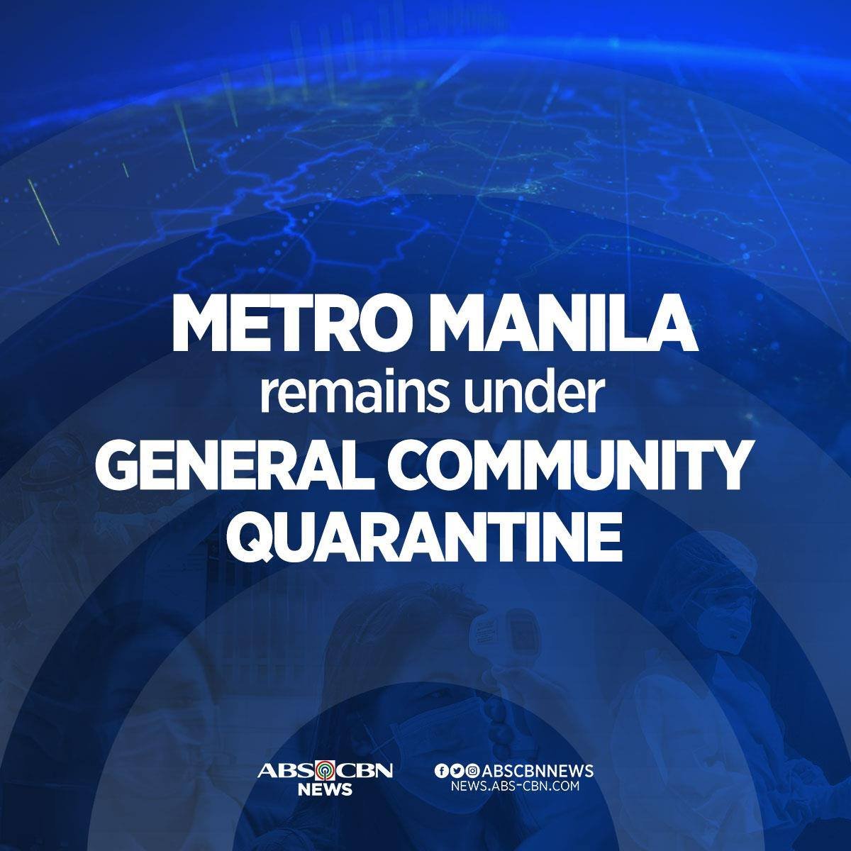 JUST IN: Metro Manila, Bulacan, Batangas, Tacloban City, Bacolod City will remain under general community quarantine (GCQ).

Iligan City placed under modified enhanced community quarantine (MECQ)

Rest of the country will be kept under modified general community quarantine (MGCQ)