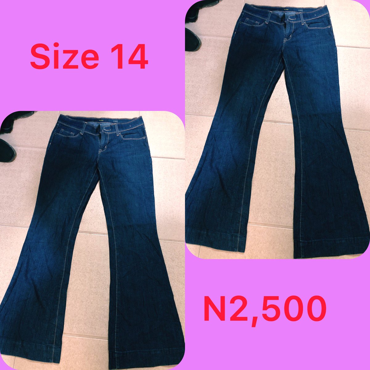 Slide 1: palazzo jeans      Size 14, N2,500Slide 2: palazzo jeans       Size 16, Price: N2,500Slide 3: palazzo jeans       Size 16, Price: N2,500Slide 4: palazzo jeans       Size 12, Price N2,500