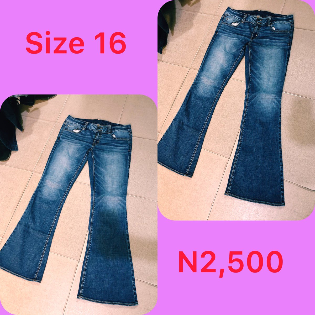 Slide 1: palazzo jeans      Size 14, N2,500Slide 2: palazzo jeans       Size 16, Price: N2,500Slide 3: palazzo jeans       Size 16, Price: N2,500Slide 4: palazzo jeans       Size 12, Price N2,500