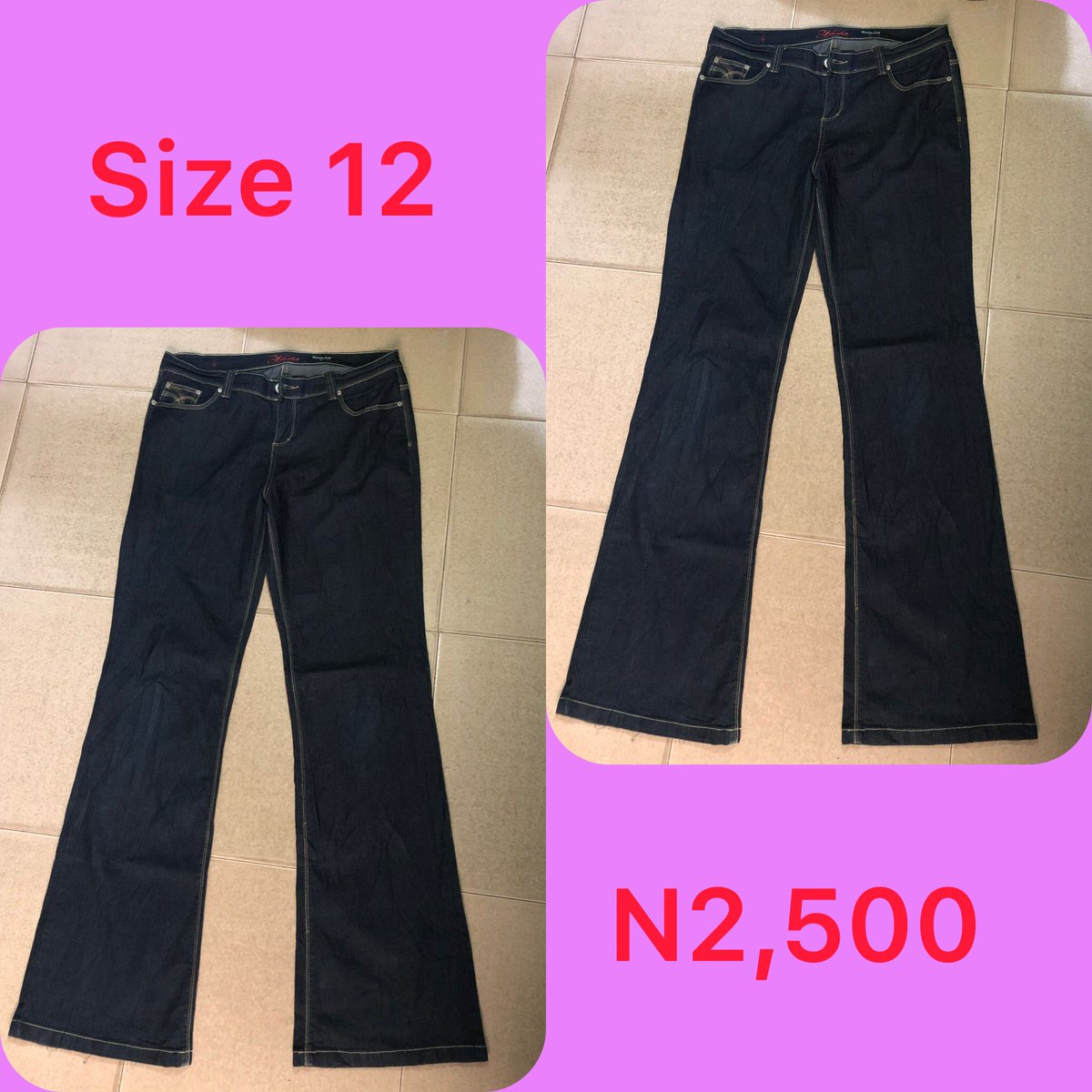 Slide 1: palazzo jeans      Size 14, N2,500Slide 2: palazzo jeans       Size 16, Price: N2,500Slide 3: palazzo jeans       Size 16, Price: N2,500Slide 4: palazzo jeans       Size 12, Price N2,500