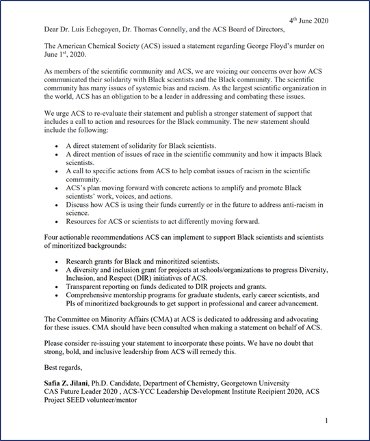 On 6/9/2020, I sent  @AmerChemSociety leadership (president, CEO, et. al.) a cover letter and an Open Letter with 250+ signatures from 50+ institutions.A screenshot of the Open Letter is here, if you want to see the full Open Letter with all the signatures (15 pgs), DM me.2/13